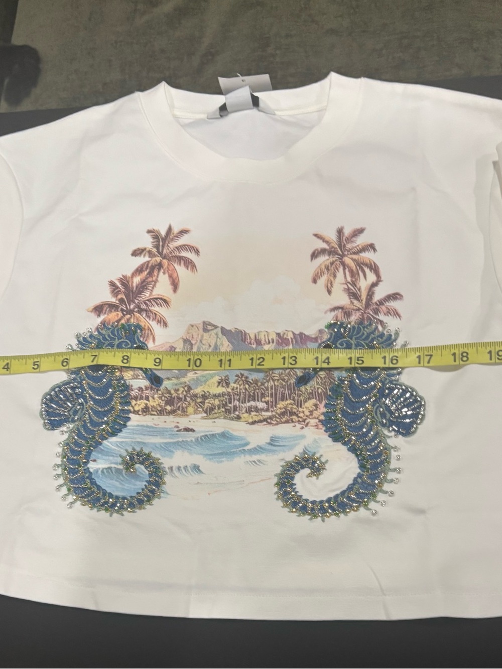 H&M Edition Size L Embellished Cropped T-Shirt(white/seahorses) NWT - Picture 9 of 10